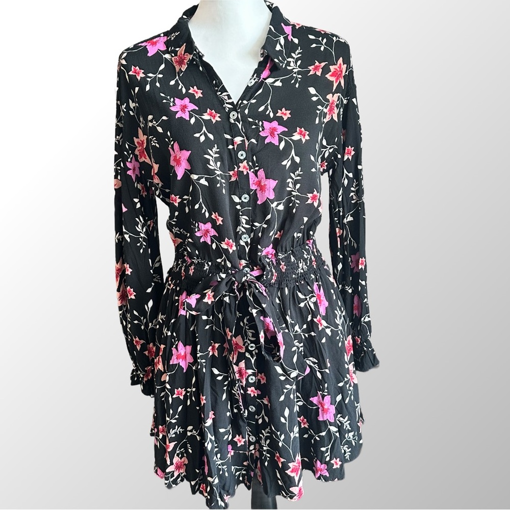 Free People Mini Dress Womens S Black Pink Floral Smocked Waist Button Front